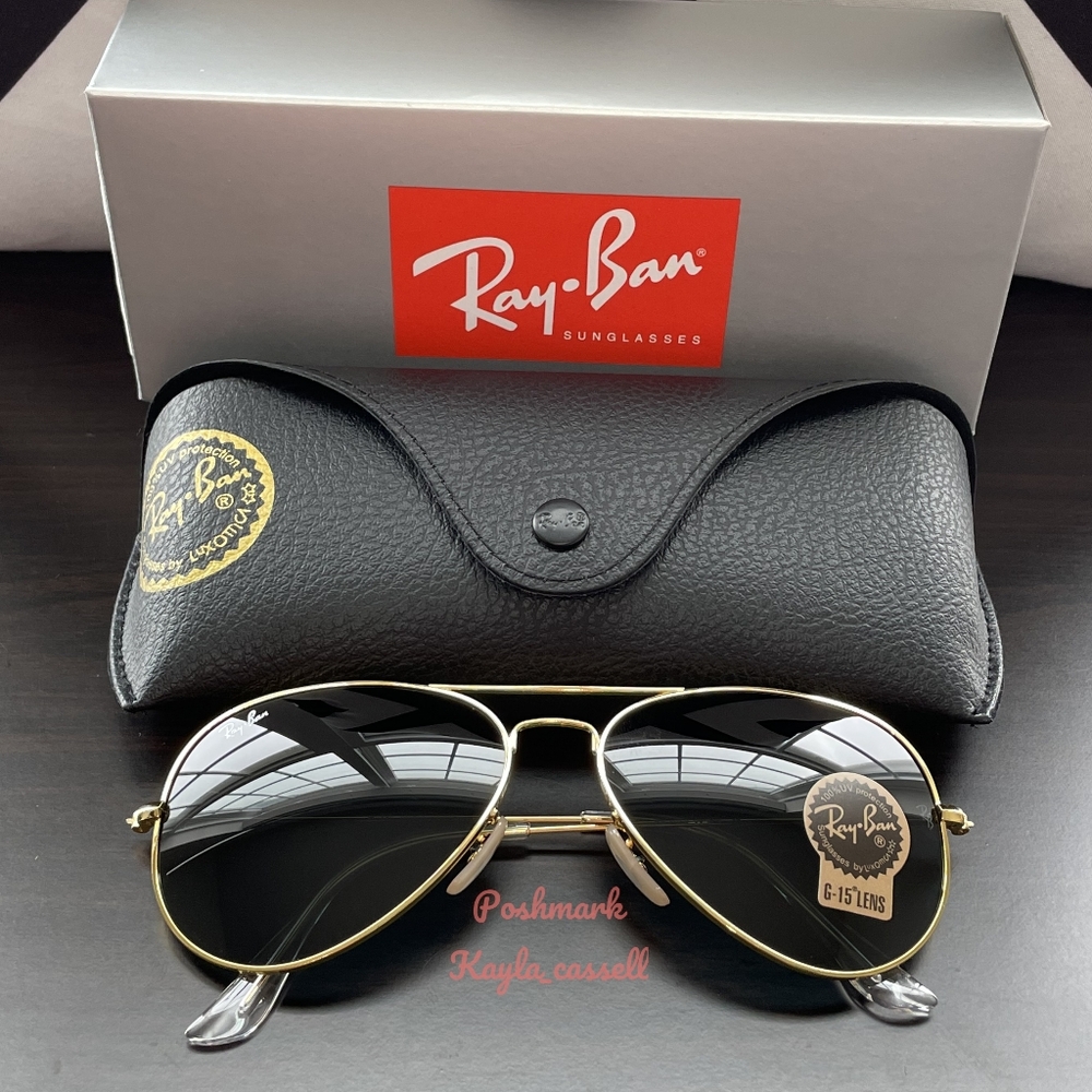 Ray-Ban Aviator Black Lenses RB3025 Gold Frame New - Picture 10 of 17